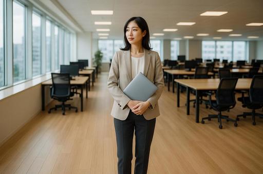 広がりあるオフィスで佇む女性の写真