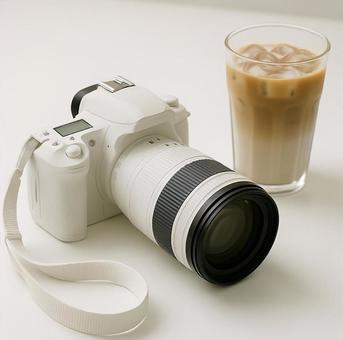 白い一眼レフカメラとアイスカフェラテの写真