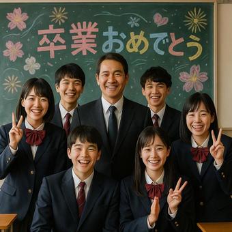 卒業式後の教室で黒板を背景に集合写真 卒業式後の教室で黒板を背景に集合写真の写真