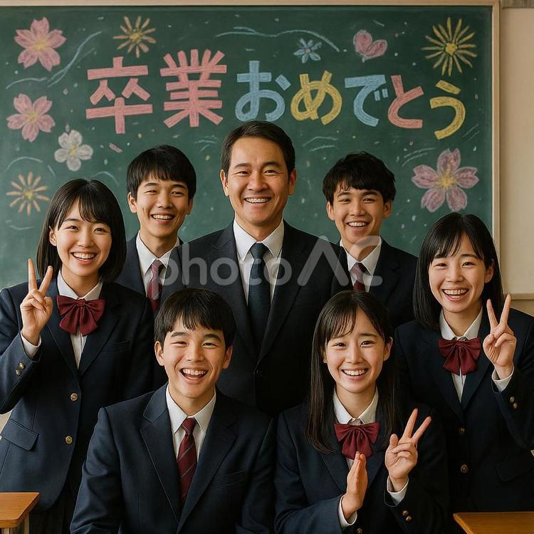卒業式後の教室で黒板を背景に集合写真 卒業式,graduation,卒業の写真素材