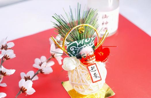 梅、獅子舞、御神酒 年賀状,梅,正月の写真素材