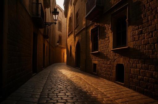 夕暮れ灯る石畳の路地 夕暮れ灯る石畳の路地の写真