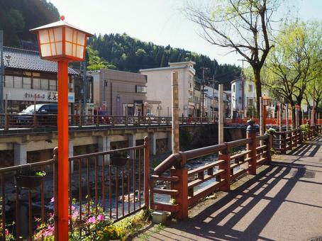 温泉街 温泉街 川,街並み,河川の写真素材