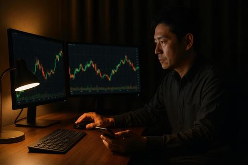 夜に自宅で取引する個人投資家 夜に自宅で取引する個人投資家の写真
