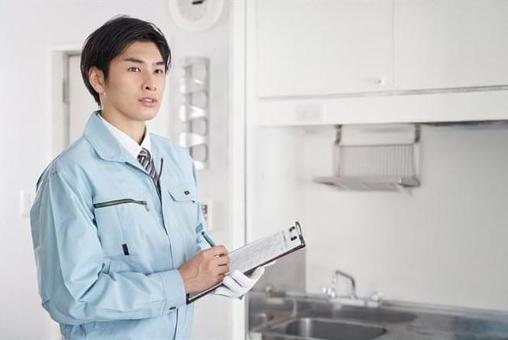 Japanese male worker checking room equipment, room, equipment, check, JPG