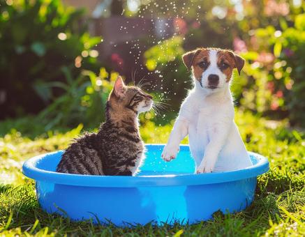 庭で水遊びをしている子犬と子猫 庭で水遊びをしている子犬と子猫の写真