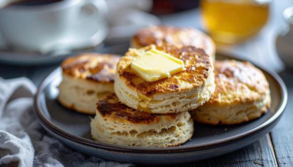 バターが乗ったイングリッシュマフィン バターが乗ったイングリッシュマフィンの写真