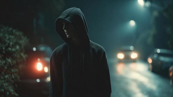 フードで顔を隠した人物のポートレートの写真