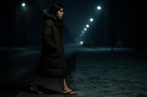 夜道を歩く女性の姿 夜道を歩く女性の姿の写真