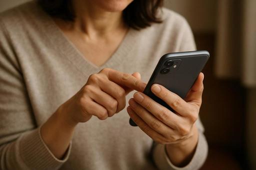 スマホ操作する中年女性 スマホ操作する中年女性の写真