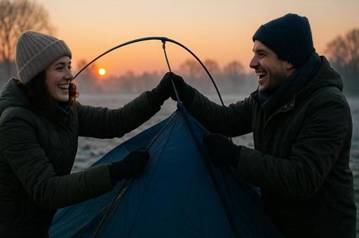 夕暮れのテント設営風景の写真