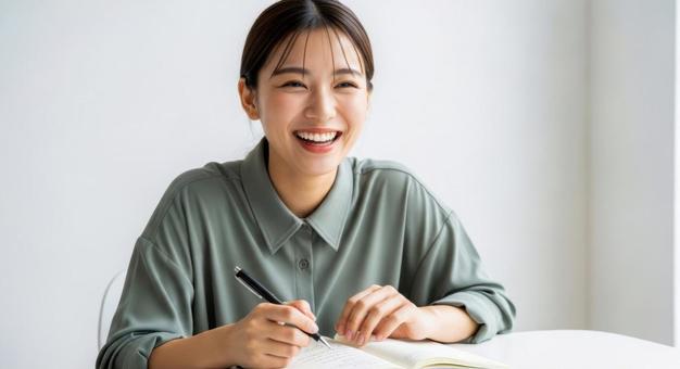 ノートを書きながら笑顔を見せる女性 ノートを書きながら笑顔を見せる女性の写真