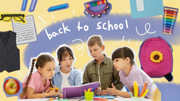 先生と生徒といろんな写真のコラージュ 女性,女の子,男の子の写真素材