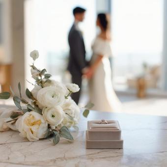 プロポーズの瞬間を待つ婚約指輪とブーケ プロポーズの瞬間を待つ婚約指輪とブーケの写真