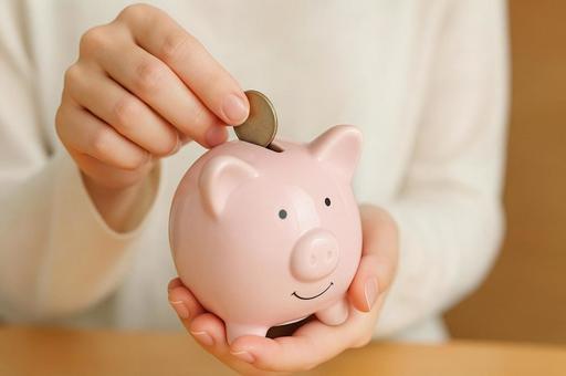 貯金箱にコインを入れる手元・節約・貯めるの写真