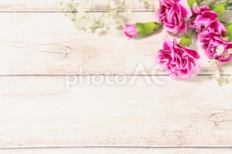 カーネーションのフレーム カーネーション,母の日,木目の写真素材
