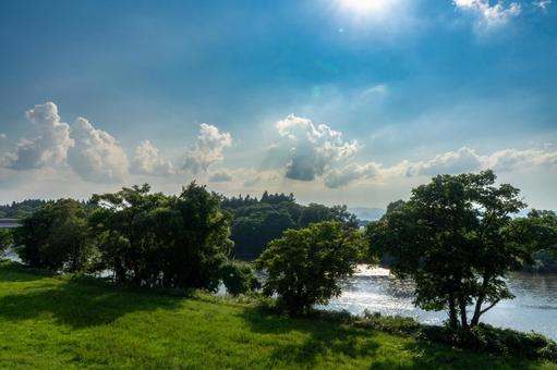 青空と川 青空,川,夏の写真素材