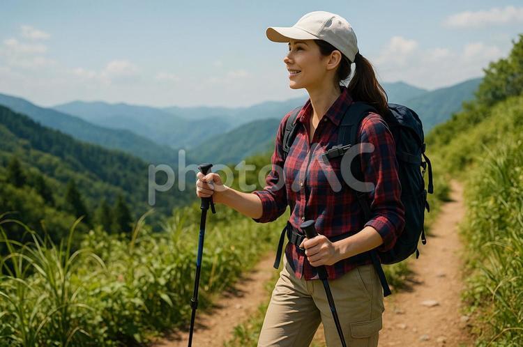 夏の登山を楽しむ女性 登山,ハイキング,山の写真素材