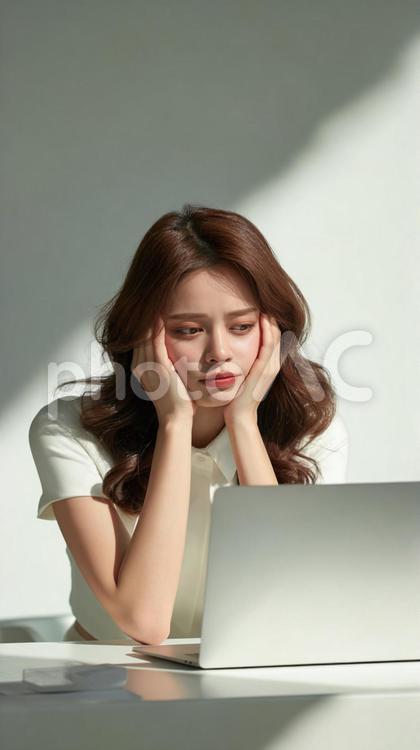 PCの前で悩む女性 ビジネス,女性,悩むの写真素材