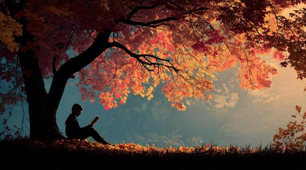 紅葉の下で読書 紅葉の下で読書の写真