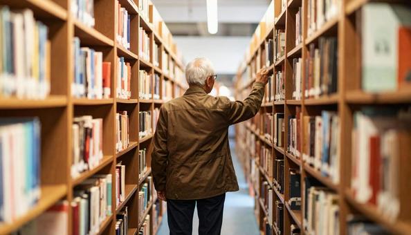 図書館で本を探しているシニア男性 図書館で本を探しているシニア男性の写真