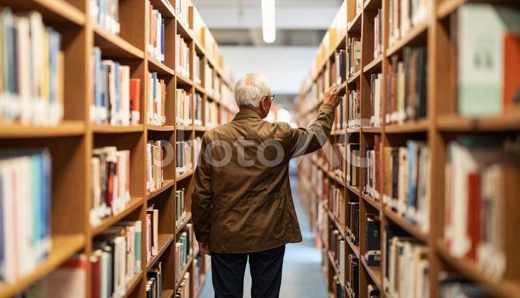 図書館で本を探しているシニア男性 シニア男性,図書館,男性の写真素材