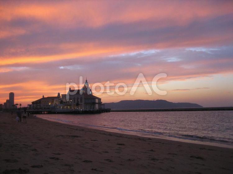 海辺の夕焼け 百道浜,結婚式場,ビーチの写真素材