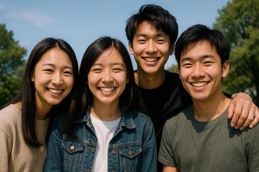 笑顔で並ぶ4人の若者 笑顔で並ぶ4人の若者の写真