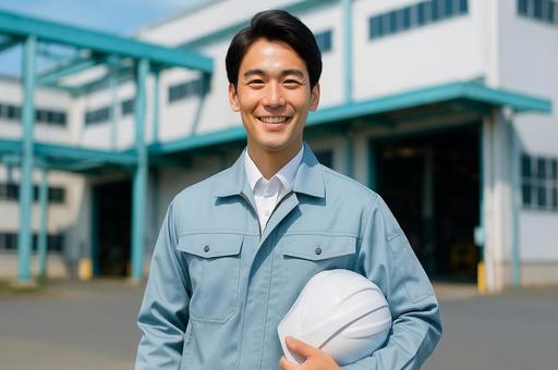 工場前で笑顔の作業員・現場屋外・作業服・の写真