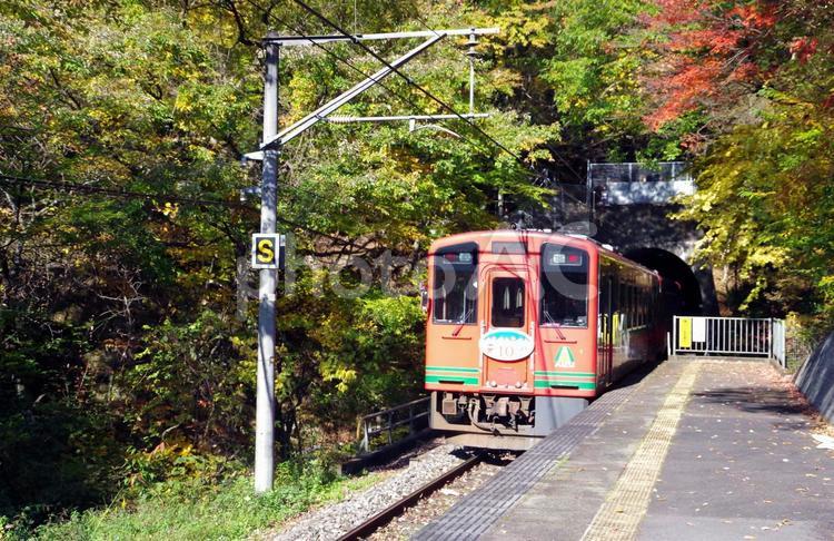 栃木県　紅葉シーズンの龍王峡駅ホーム　野岩鉄道会津鬼怒川線 龍王峡,龍王峡駅,鬼怒川の写真素材