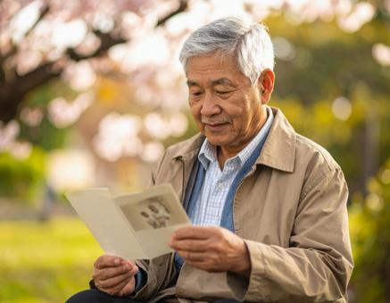 桜の季節に手紙を読むおじいさん 桜の季節に手紙を読むおじいさんの写真