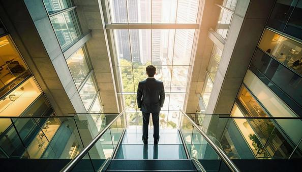 将来を考える日本人ビジネスマンの写真