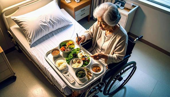 病室で車いすに座り食事をする高齢女性患者 病室で車いすに座り食事をする高齢女性患者の写真