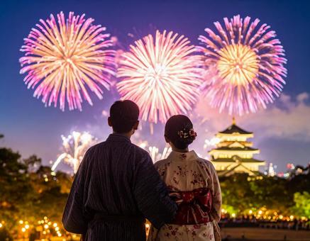浴衣姿で花火を見るカップルの後ろ姿 浴衣姿で花火を見るカップルの後ろ姿の写真