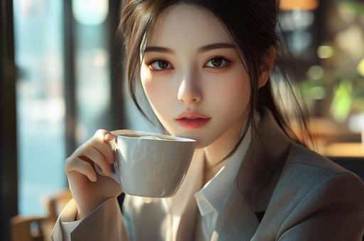 カフェでくつろぐOLの写真