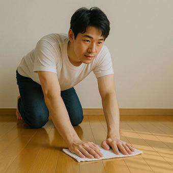 床を磨く青年の写真