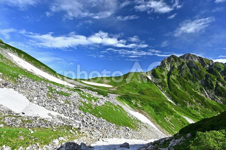 夏の立山の残雪と稜線 爽やかな,立山,残雪の写真素材