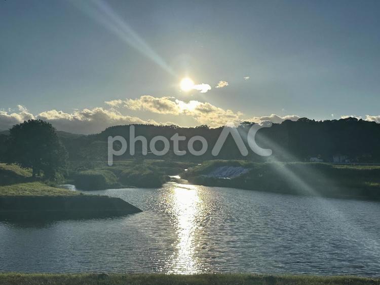 一直線に水面を照らす快晴の夏の朝日 朝日,夜明け,太陽の写真素材