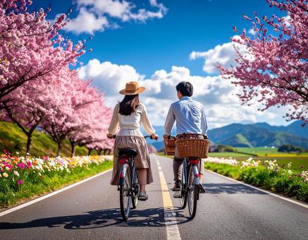 満開の桜並木を二人でサイクリングの写真