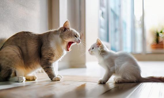 新入り子猫を威嚇する先住猫 新入り子猫を威嚇する先住猫の写真