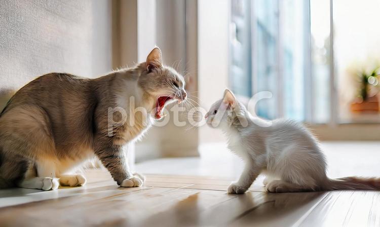 新入り子猫を威嚇する先住猫 猫,子猫,威嚇の写真素材