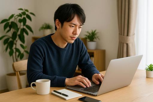 ノートPCで資料作成する男性 ノートPCで資料作成する男性の写真