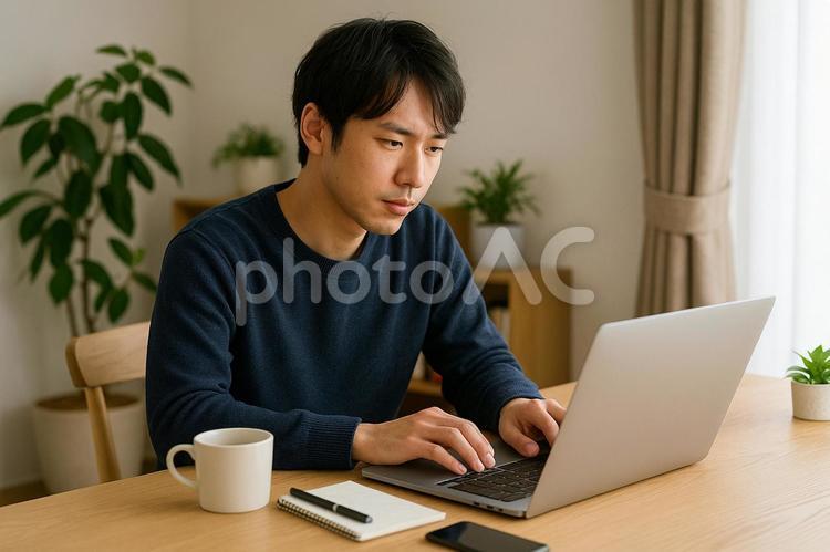 ノートPCで資料作成する男性 男性,在宅,作業の写真素材