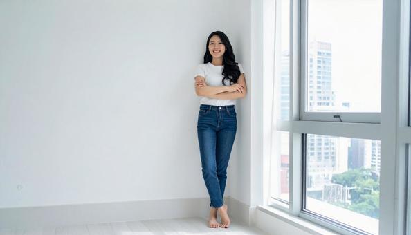 窓際に立つ女性 窓際に立つ女性の写真