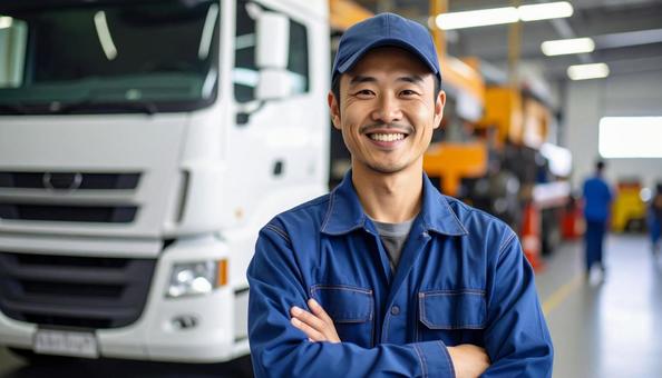 作業服を着たトラックの整備士の写真