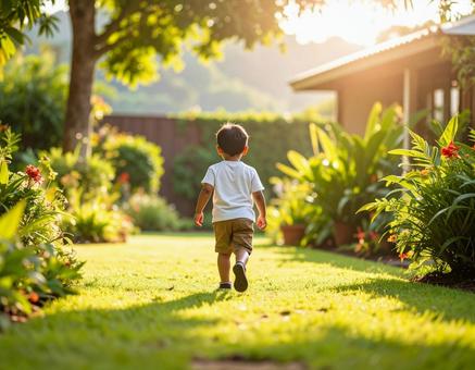 庭を一人で歩く子供 庭を一人で歩く子供の写真