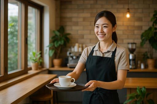 カフェで接客する女性スタッフ カフェで接客する女性スタッフの写真