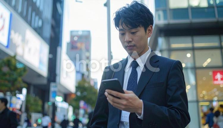 スマホを操作するビジネスマン 男性,ビジネスマン,サラリーマンの写真素材