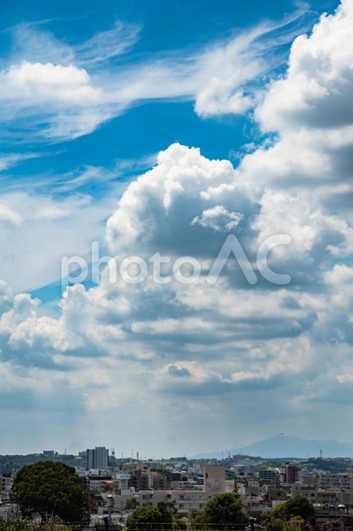 夏の空と街並み・縦画像 夏,雲,積雲の写真素材