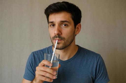 ストローで水を飲む男性 ストローで水を飲む男性の写真